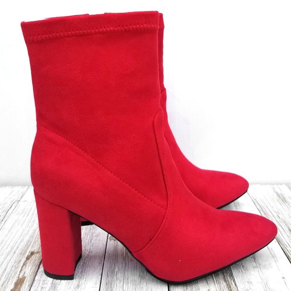 New Red Stretch Chunky Heel Ankle Boot Sock Bootie - Picture 2 of 5